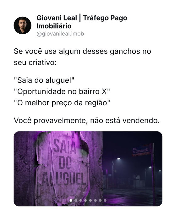 "Saia do aluguel" já foi o gancho que mais vendeu imóvel no Brasil. Hoje todo corretor da mesma cidade usa a mesma frase e o lead nem para mais. Só que o erro não é o gancho, é achar que a solução é achar o próximo gancho mágico. Gancho é isca: traz o clique e para por aí. O que vira clique em contrato é estratégia, roteiro e comercial alinhados. Uma dessas desalinhada e o melhor gancho do mundo morre sozinho. Comenta MÁQUINA que eu te mostro onde está a trava da sua operação.