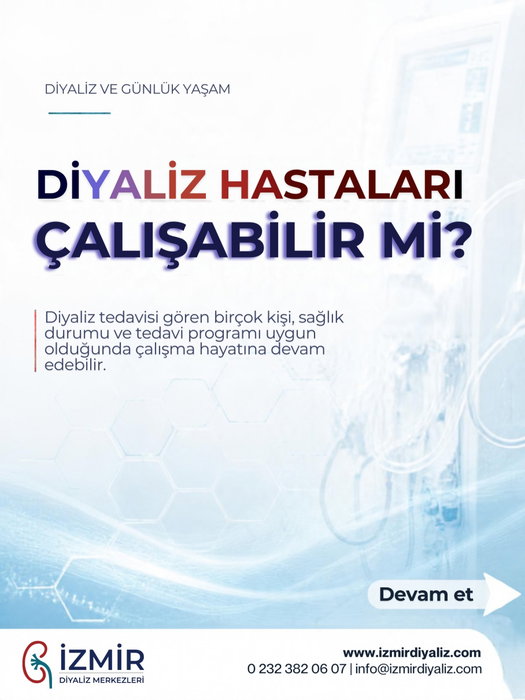 **Diyaliz hastaları çalışabilir mi?** 💙

Diyaliz tedavisi, çalışma hayatına her zaman engel değildir. Sağlık durumuna ve tedavi programına uygun koşullarda çalışmak mümkündür.



**Diyaliz hastaları çalışabilir mi?** 💙

Diyaliz tedavisi, çalışma hayatına her zaman engel değildir. Sağlık durumuna ve tedavi programına uygun koşullarda çalışmak mümkündür.



**Can dialysis patients work?** 💙

Dialysis treatment does not always prevent people from working. Many patients can continue working when their health and treatment schedule allow.



**Can dialysis patients work?** 💙

Dialysis treatment does not always prevent people from working. Many patients can continue working when their health and treatment schedule allow.



**Können Dialysepatienten arbeiten?** 💙

Eine Dialysebehandlung bedeutet nicht automatisch, dass man nicht arbeiten kann. Viele Betroffene können weiterhin berufstätig sein, wenn ihr Gesundheitszustand und der Behandlungsplan es zulassen.



**Können Dialysepatienten arbeiten?** 💙

Eine Dialysebehandlung bedeutet nicht automatisch, dass man nicht arbeiten kann. Viele Betroffene können weiterhin berufstätig sein, wenn ihr Gesundheitszustand und der Behandlungsplan es zulassen.
