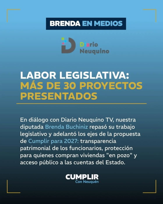 Publicación del Instagram de CUMPLIR: 📺 Brenda en medios. Nuestra diputada @brenda_buchiniz dialogó con Diario Neuquino y repa…