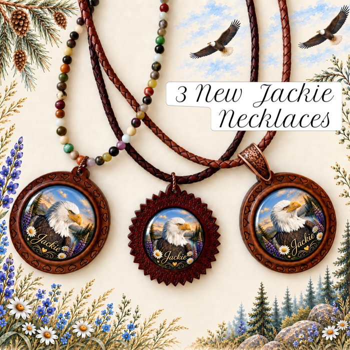 ‼️ Earth Tones Beaded Necklace Sold‼️ Keep Queen Jackie the Bald Eagle of Big Bear close to your heart with one of these 3 New Jackie Cabochon Necklaces. Two premium leather bolo cord and one 3mm earthy gemstones, all 18" . Larger cabochons are 30mm and smaller cabochon is 25mm. DM for details and to order. 💜🦅💜