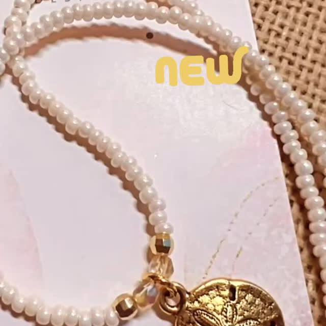 New! 15" Necklace with Czech Glass Pearly Cream, Seed Beads, Faceted Gold & Czech Glass Beads with Gold Tone Sand Dollar Charm.