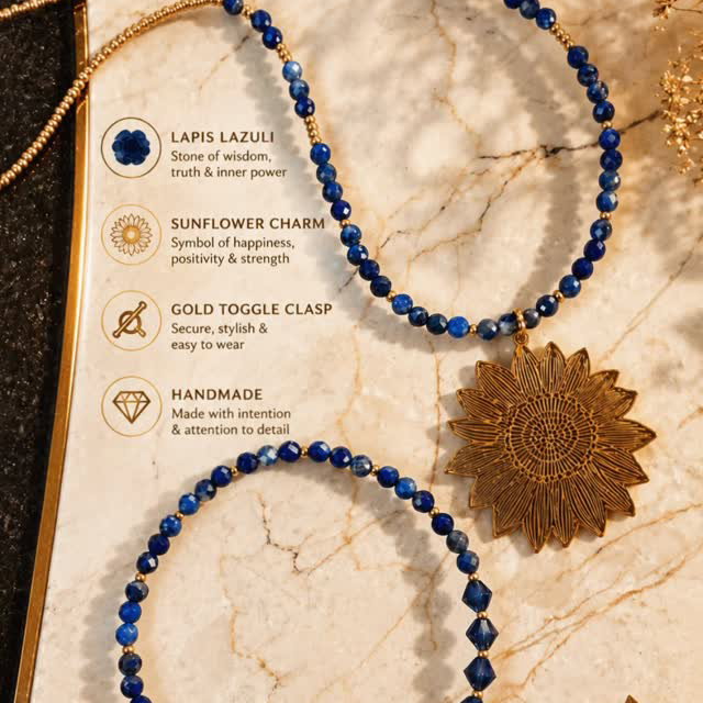 ✨🌿 SUNFLOWER BLOOM 🌻💙

Nature-inspired elegance with a little sparkle magic ✨

This handcrafted 17" necklace features stunning 3mm micro-faceted genuine Lapis Lazuli beads paired with Czech glass seed beads and a gorgeous waterproof 37x40mm PVD 18K gold-plated filigree sunflower charm 🌻☀️

The matching bracelet sparkles with Austrian crystals ✨ and is finished with a beautiful TierraCast antique gold toggle clasp and a 12.5mm Nunn Design antique gold leaf charm 🍃💛

💙 Genuine Lapis Lazuli✨ Austrian Crystals🌿 Handmade with love☀️ Elegant • Timeless • Nature-Inspired

Perfect for adding a touch of golden sunshine and deep ocean blues to your everyday style 🌊✨