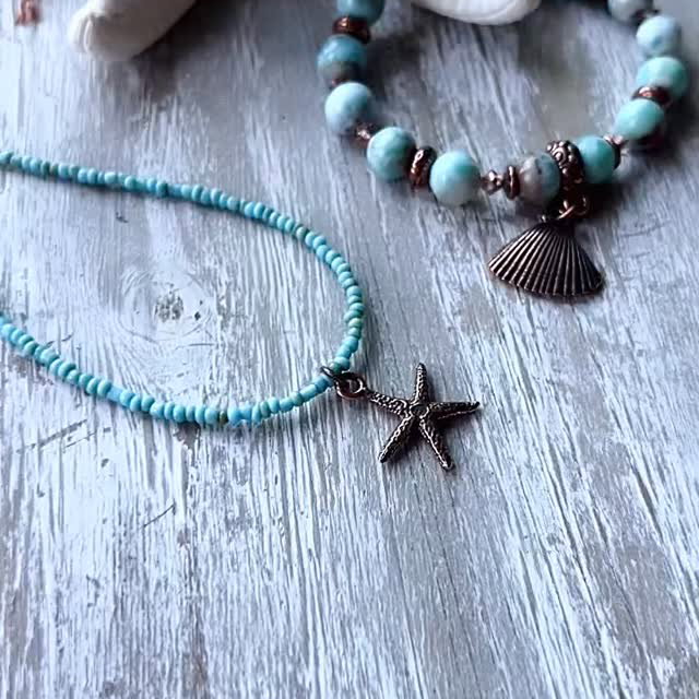‼️Knotted Bracelet with Czech Glass Flower SOLD‼️ New! Summer is here and so are some new AmeriKim Designs Jewelry! Beautiful Larimar 🌊 Bracelets with Czech Glass & Preciosa Crystals & African Java Beaded Necklace with Antique Copper Components & Charms. Bracelets are 6.5" Necklace is 16" with Lobster Clasp.