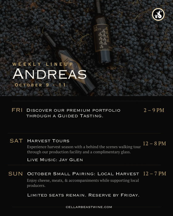 Harvest tours start THIS WEEKEND! 🍇 Come by the Winehouse to explore how our wines are made while enjoying a complimentary glass. Reserve your spot at our October Small Pairing by Friday! Only a few seats left 🥂🧀 Bio > Events > Book