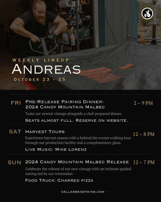 2024 Candy Mountain Malbec is yours this weekend. Settle in, learn something new, and celebrate with us! ✨ 🍴Pre-Release Dinner: Friday, Andreas 🍷Official Release: Sunday, Andreas & Jim Thorpe
