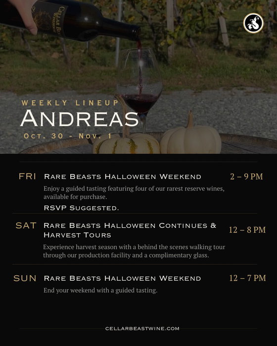 Halloween Weekend at the winery is calling! 📣 Come try our Rare Beasts, available at both locations Friday through Sunday.🍷