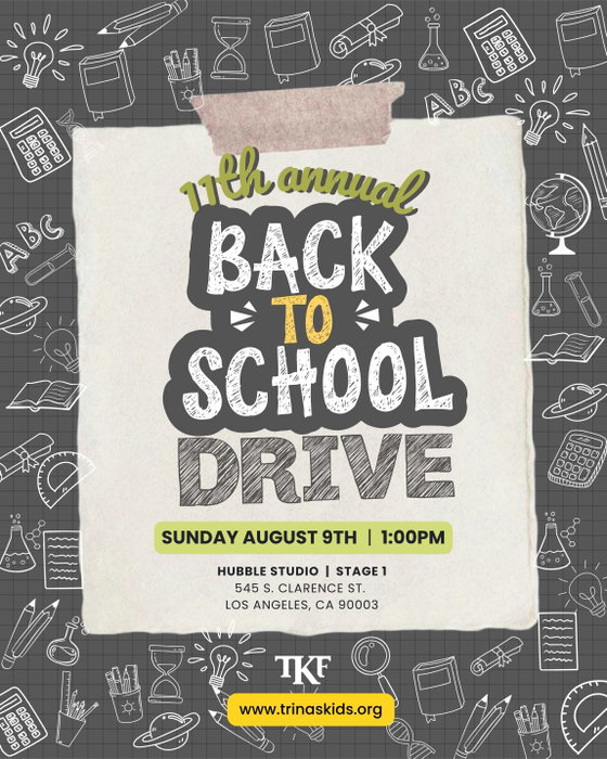 Our 11th Annual Back To School Drive will be held on August 9, 2026 at @hubblestudio!🌷

Last year, we gave out over 950 backpacks- along with all of the essential school supplies, new outfits and kids even left with a fresh haircut!! ✏️📚🎨👟💈

Help us do it all over again in just a few weeks!

🎒 If you are a family in need, register online for our event through the link in our bio! 

🛍 If you are a donor, please ship school essentials to @hubblestudio or easily shop our Amazon wishlist! Please consider sending monetary donations on Venmo/PayPal: @trinaskids 

🗓 If you are a volunteer, save the date and help us give back to kids for the 11th year in a row! 

With our love,
Trina’s Family 💛