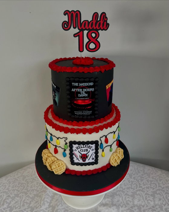 A combination of The Weekend and Stranger Things for Maddie 🎉🥂❤️🖤🤍