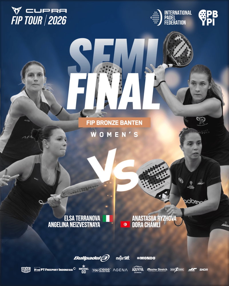 THE SECOND SEMI-FINAL SHOWDOWN! 🚨🔥
Another massive clash is locked in for the Women’s Semi-Finals at FIP Bronze Banten!
🇮🇹 Elsa Terranova & Angelina Neizvestnaya are gearing up to battle Anastasiia Ryzhova & 🇹🇳 Dora Chamli for a highly coveted spot in the Grand Final! 🎾⚔️
🗓️ Sunday, July 19, 2026
⏰ 10:00 AM
📍 Dewa United Padel
The stage is set for an epic encounter, and these athletes are ready to leave it all on the court.
Who will secure their place in the ultimate championship match? Let us know your picks below! 👇💬