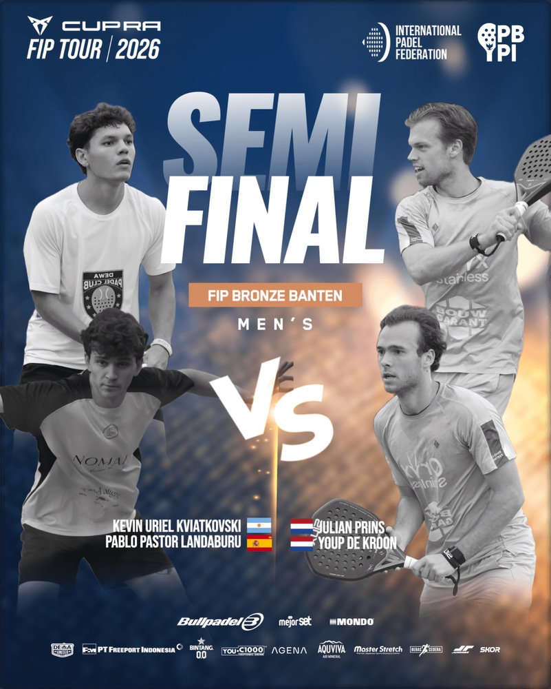SEMI-FINAL FIREPOWER ON DISPLAY! 🚨🔥
The Men’s Semi-Finals at FIP Bronze Banten are bringing an absolute masterclass to Center Court!
🇦🇷 Kevin Uriel Kviatkovski & 🇪🇸 Pablo Pastor Landaburu are ready to face off against the Dutch duo 🇳🇱 Julian Prins & 🇳🇱 Youp De Kroon in a massive fight for a ticket to the Grand Final! 🎾⚔️
🗓️ Sunday, July 19, 2026
⏰ 9:00 AM
📍 Dewa United Padel
The tension is at an all-time high, and both pairs are ready to leave everything on the glass.
Drop your predictions for this epic showdown in the comments below! 👇💬