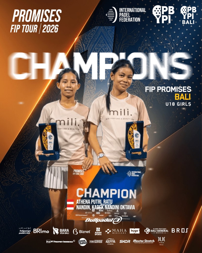 Elite performance unlocked! 🔓🎾

The U18 Girls showed us exactly what top-tier padel looks like at the FIP Promises Bali 2026. Just one step away from the pro circuit, these athletes delivered powerful rallies and brilliant court tactics. 🇮🇩✨

Massive cheers to our outstanding winners who dominated the podium:
🥇 CHAMPIONS: Johanna Nesya Rosejaya & Kirani Asna Nurhidayati
🥈 RUNNER-UP: Ratu Athena Putri & Kadek Nandini Oktavia

The future of our national squad is in very good hands! 🚀

Let’s crown our U18 queens! Drop a 👑 in the comments to celebrate their incredible hard work! 👇