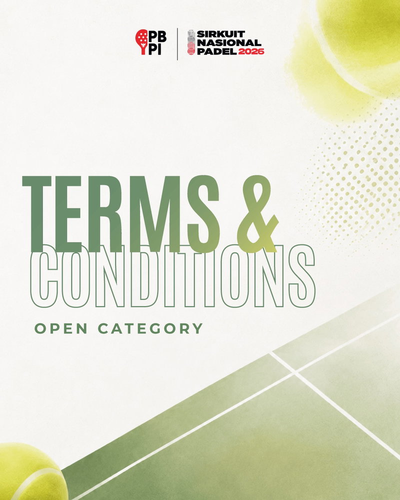 TERMS & CONDITIONS: OPEN CATEGORY SIRNAS MEDAN 2026 📜🎾

Wajib baca sebelum daftar! Geser slide untuk melihat detail Syarat & Ketentuan resmi untuk kategori OPEN di Sirkuit Nasional Padel Medan.

Pastikan kamu dan partner sudah memahami aturan lisensi, regulasi pairing (WNA wajib berpasangan dengan WNI), dan prioritas kuota peserta. 👉

Siapkan kelengkapannya dan amankan slot kalian sekarang! Mention partner kamu biar nggak kelewatan info ini! 👇