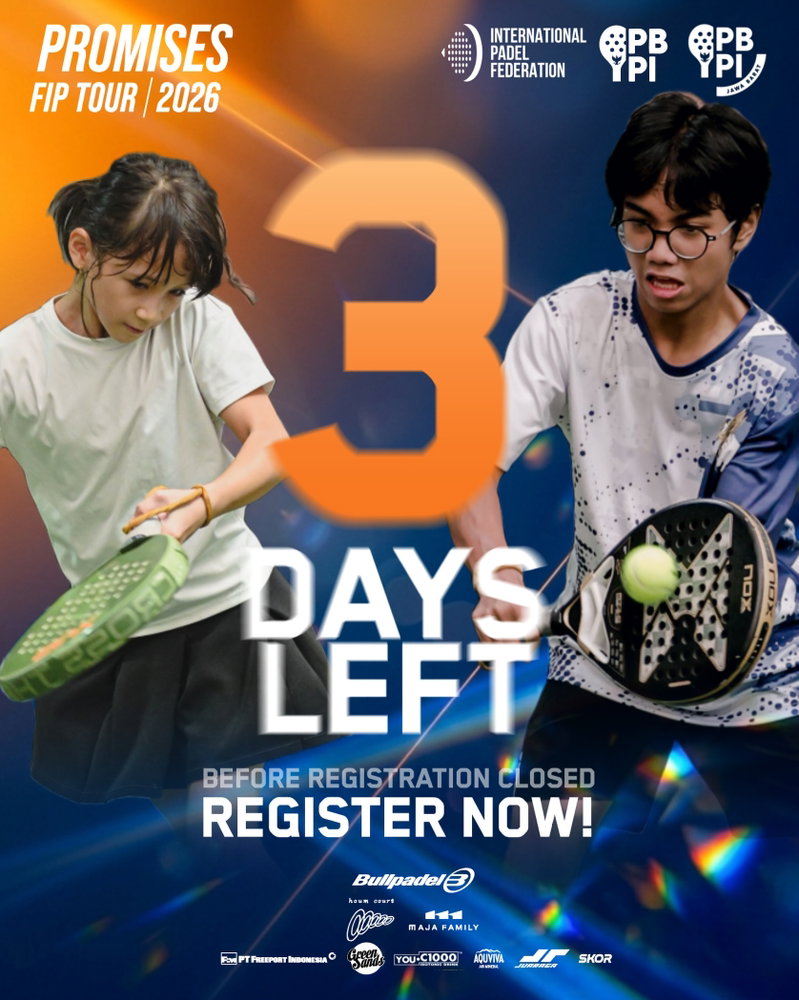 3 DAYS LEFT! ⏳🎾
Waktu pendaftaran FIP Promises Bandung tersisa 3 hari lagi sebelum ditutup secara resmi pada 23 September 2026!
Jangan lewatkan kesempatan berharga ini untuk tampil di ajang internasional dan membuktikan kemampuan Anda. Waktu semakin menipis, segera amankan slot Anda sekarang juga sebelum pendaftaran ditutup! 🔥
⏳ Batas Akhir Pendaftaran: 23 September 2026
🗓️ Tanggal Pertandingan: 08 - 11 Oktober 2026
Klik link di bio untuk mendaftar sekarang juga!
Tag partner andalan Anda di bawah agar langsung daftar hari ini! 👇
