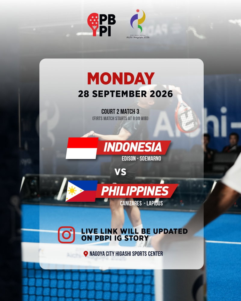Indonesia is back on court! 🎾
🇮🇩 @edisonalvin – @giorgiosoe.id
🆚
🇵🇭 Philippines
📅 Monday, 28 September 2026
⏰ First match starts at 09.00 WIB
🎾 Indonesia plays Match 3 on Court 2
📍 Nagoya City Higashi Sports Center
Let’s support our Indonesian representatives! 🇮🇩🔥
Give it your all, Edison & Giorgio! Let’s go, Indonesia! 💪
📲 Live link will be updated on PBPI Instagram Story.