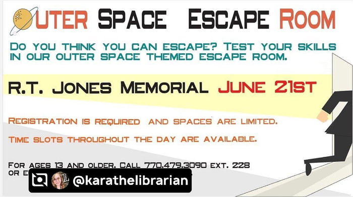 @karathelibrarian ... We still have 1-hour time slots available for our Outer Space Escape Room tomorrow at R.T. Jones! Let me know if you’r