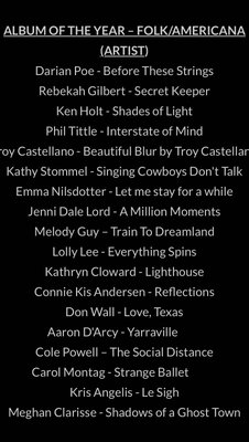 Last night was The Josie Music Awards My album Shadows of a Ghost Town was nominated for Album of the Year (Folk/America