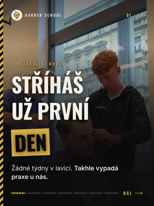 Stříháš už první den. Žádné týdny v lavici. ✂️
Lektor předvede postup na živém
