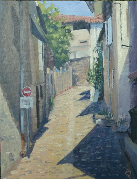 St Lizier this afternoon, oil on small canvas 20x30cm.