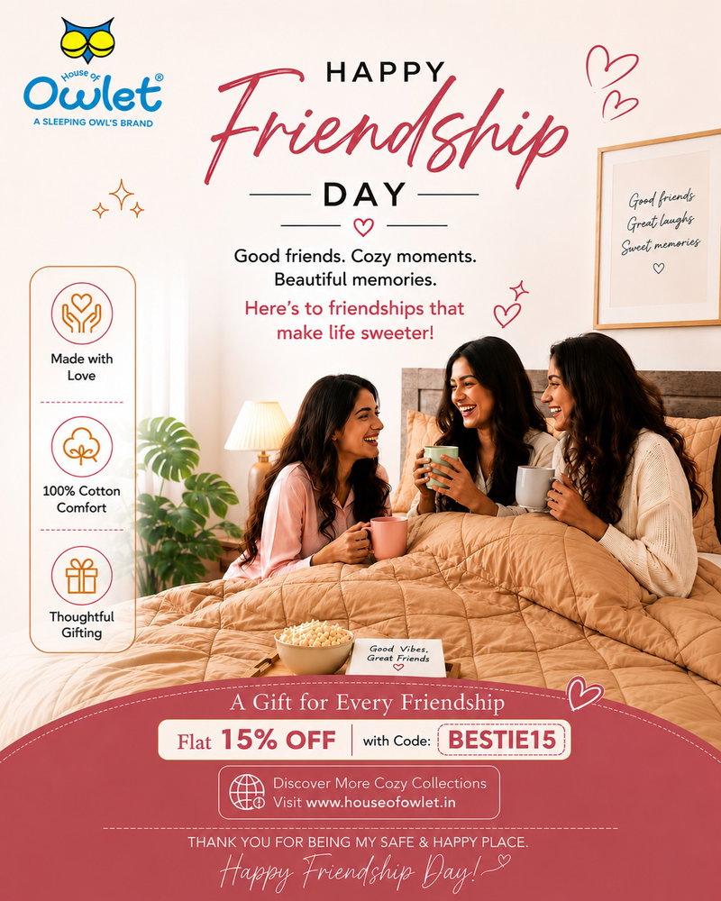 🌸 Friendship is the comfort of knowing someone is always there—just like coming home to your favorite bed. This Friendship Day, celebrate every laugh, every memory, and every bond with comfort that lasts. 💛

🎁 A Gift for Every Friendship
✨ Flat 15% OFF with Code: BESTIE15
🌐 Discover More Cozy Collections at www.houseofowlet.in

Because the best friendships deserve the softest moments. 🦉💖
Happy Friendship Day from House of Owlet!

Friendship Day Sale, House of Owlet, Premium Bedsheets, 100% Cotton Bedsheets, Cotton Bedding, Luxury Bedding, Bedroom Essentials, Cozy Bedroom, Home Décor, Soft Bedsheets, Super King Bedsheets, Thoughtful Gifts, Friendship Gifts, Bedding Collection, Comfort Redefined, Bedroom Makeover, Indian Home Brand, Bedding Sale, Friendship Day Offers

#HouseOfOwlet #FriendshipDay #HappyFriendshipDay #BestFriends #FriendshipGoals #CottonBedsheets #PremiumBedding #LuxuryBedroom #HomeDecor #BedroomInspiration #SoftBedding #HomeLinen #ComfortLiving #ThoughtfulGifting #GiftIdeas #MadeWithLove #CottonComfort #IndianBrand #ShopNow #FriendshipDaySale #BedroomGoals #BeddingEssentials #CozyMoments #HouseOfOwletFamily