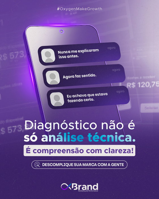 Arte institucional da OxBrand em tons de roxo, azul e branco. Ao centro, há um smartphone com três notificações: “Nunca me explicaram isso antes”, “Ag