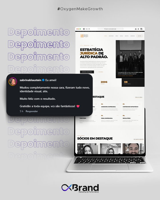 Arte de depoimento da OxBrand com notebook exibindo o novo site da Blaustein Moraes & Ramalho. Em destaque, comentário de Sabrina Blaustein elogiando