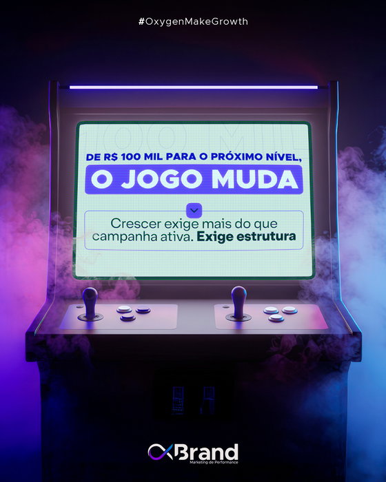 Arte da OxBrand Marketing de Performance com estética inspirada em fliperama retrô. No centro da imagem, um gabinete de arcade iluminado por luzes em 