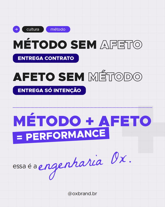 Método sem afeto entrega contrato. Afeto sem método entrega apenas intenção. Na OxBrand, acreditamos que a verdadeira performance nasce da combinação 