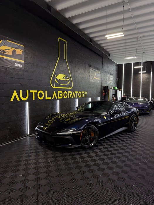 modern ferrari design but make it retro-futuristic. we locked in the front package on this 12cilindri because that black hood band is too iconic to risk getting rock chips 😮💨 swipe to see the seamless finish on the fenders.