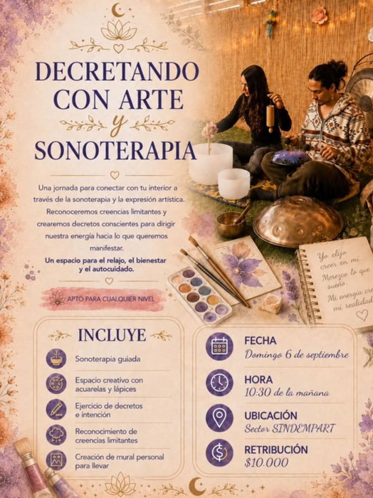 ✨ DECRETANDO CON ARTE Y SONOTERAPIA ✨

Te invitamos a vivir una mañana de relajo, bienestar, autocuidado y expresión art