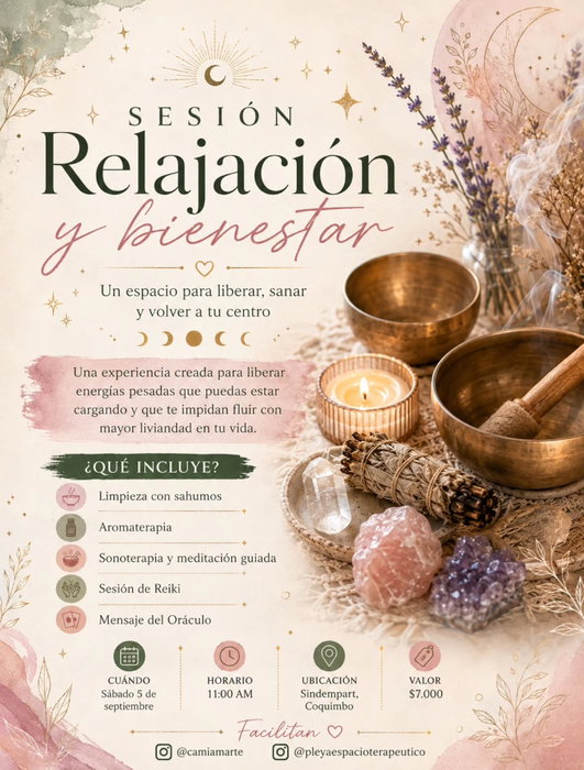 SESIÓN RELAJACIÓN Y BIENESTAR ✨

A veces necesitamos simplemente detenernos, respirar y permitirnos volver a nuestro cen