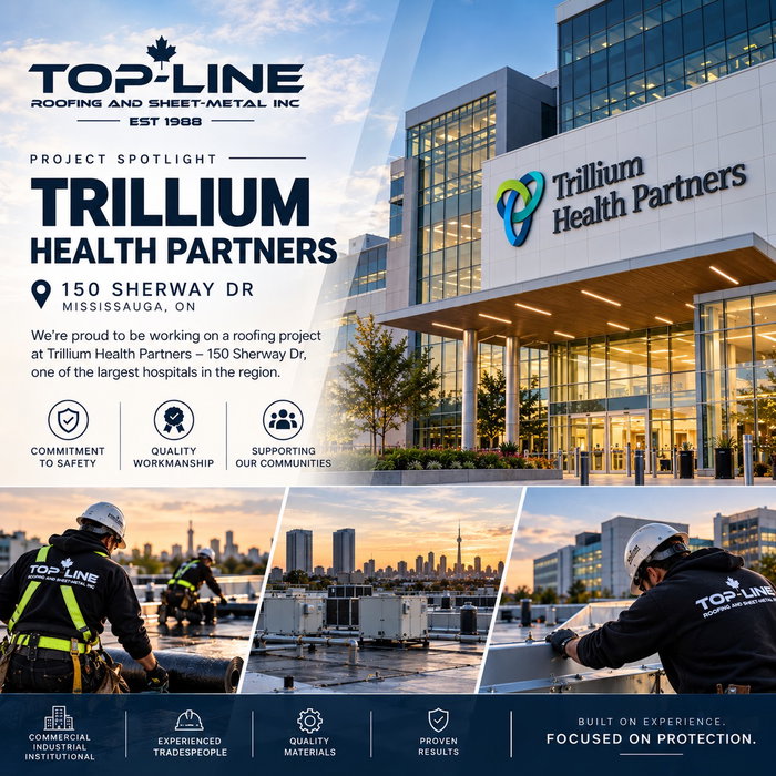 🏥 PROJECT SPOTLIGHT | TRILLIUM HOSPITAL

We’re proud to share that Top-Line Roofing & Sheet-Metal Inc. is currently working on a roofing project at 150 Sherway Drive in Mississauga.

Healthcare facilities require dependable roofing systems, careful coordination, and a strong commitment to safety. Our team is dedicated to delivering quality workmanship while supporting the needs of an active healthcare environment.

Since 1988, we’ve been helping protect the buildings our communities depend on.

🔹 Commercial | Industrial | Institutional Roofing
📍 Mississauga, Ontario
🌐 www.toplineroofing.ca

Built on Experience. Focused on Protection.