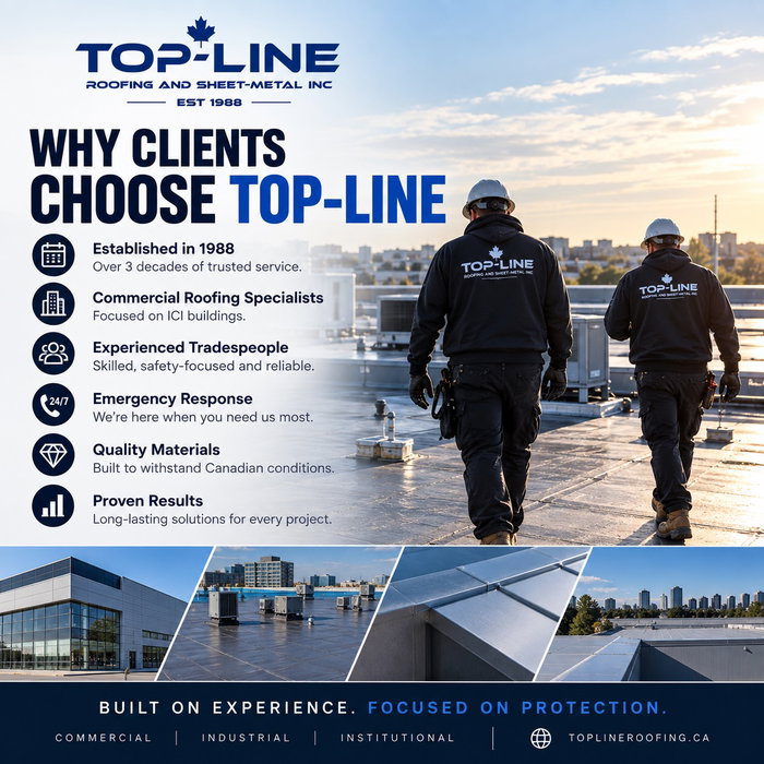 WHY CLIENTS CHOOSE TOP-LINE

✔ Established in 1988
✔ Commercial Roofing Specialists
✔ Experienced Tradespeople
✔ Emergency Response
✔ Quality Materials
✔ Proven Results

Built on Experience. Focused on Protection.

For over three decades, our reputation has been built one roof at a time.
