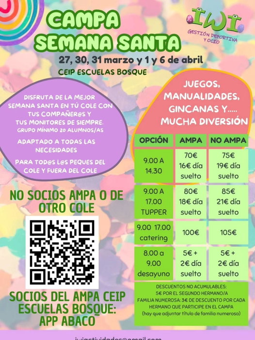Ya está aquí nuestro CAMPAMENTO DE SEMANA SANTA!!! 
📍Lugar: CEIP ESCUELAS BOSQUE 
¡¡ABIERTO A TOD@S...