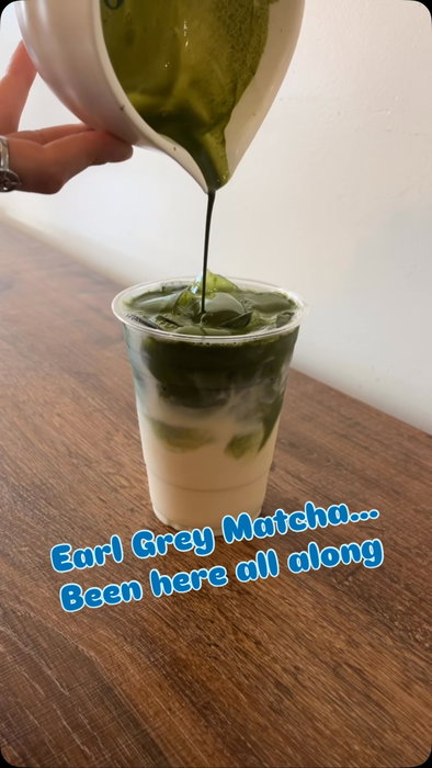 Blue House Cafe on Instagram: Cozy Earl Grey at the base, velvety matcha whisked on top.