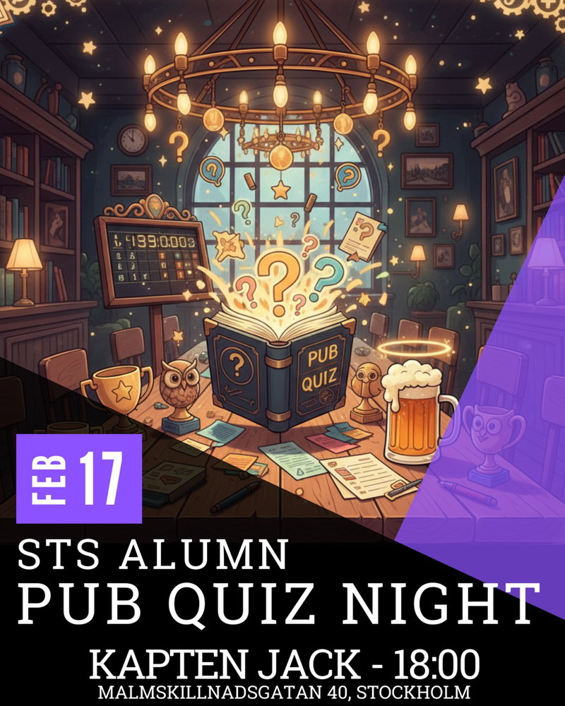 Dags att damma av allmänbildningen och bevisa att STS-utbildningen gav oss mer än Matlab-skills och existentiella funderingar om socioteknik! 🍻
Vi i styrelsen dyker upp runt 17:30 för att paxa bord och värma upp med en öl eller två. Själva quizet drar igång kl. 19:00 och körs av Primetime – ett av Sveriges mest populära live-quiz med quizmasters som lovar både skratt och lagom kluriga frågor.
Kom när du kan, stick när du vill – det viktiga är att du dyker upp! Och har du inte hängt med på ett alumnevent förut: det här är ett utmärkt tillfälle. Att snacka med STS:are från andra årgångar är oväntat kul – vi lovar.
Signa gärna upp dig, länk hittar du i profilen, så vi får en känsla för hur många vi blir – men du är välkommen även om du inte anmält dig!
Var: Kapten Jack på Malmskillnadsgatan 40, Stockholm
Ses där? ✨