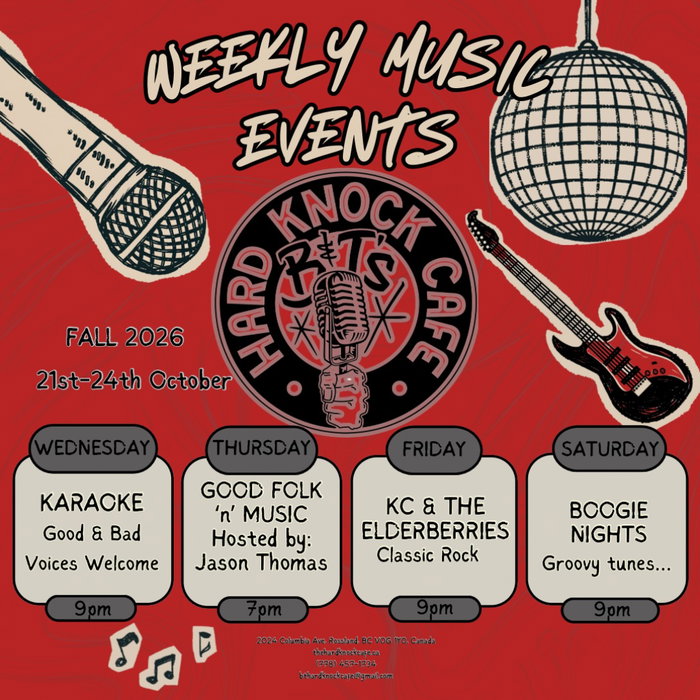 This week on the music menu… 🎶🎸🪩

#livetunes #bntshardknockcafe #rossland #kootenays 

Mon - Closed
Tues - 8 am - Late!
Wed -  8 am - Late!
Thurs - 8 am - Late!
Fri - 8 am - Late!
Sat - 8 am - Late!
Sun - 8 am - 8 pm