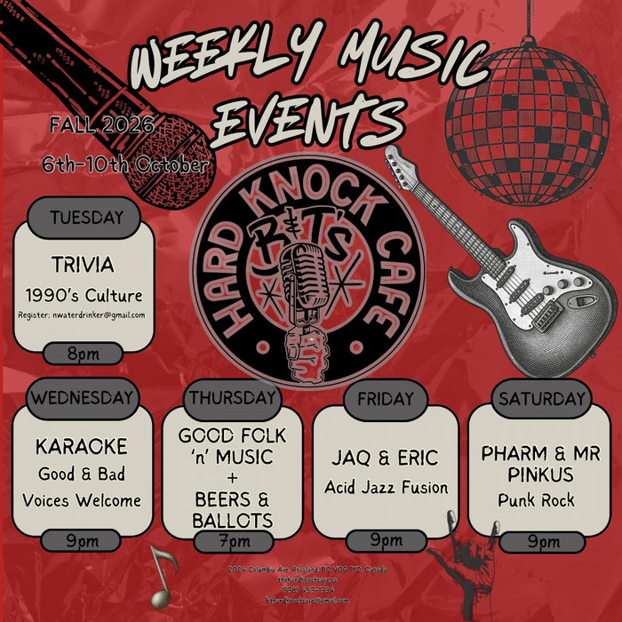 Big line up this week… we’ll see you there! 🎶🪩🎸

#livemusic #bntshardknockcafe #rossland #kootenays 

Mon - Closed
Tues - 8 am - Late!
Wed -  8 am - Late!
Thurs - 8 am - Late!
Fri - 8 am - Late!
Sat - 8 am - Late!
Sun - 8 am - 8 pm