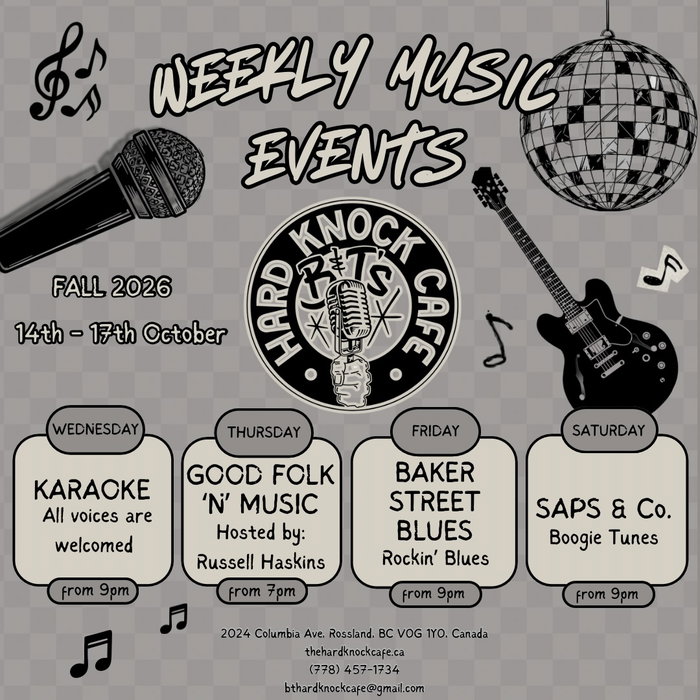 Tunes for the week…🎶🕺🏼🎸

#livemusic #bntshardknockcafe #rossland #kootenays 

Mon - Closed
Tues - 8 am - Late!
Wed -  8 am - Late!
Thurs - 8 am - Late!
Fri - 8 am - Late!
Sat - 8 am - Late!
Sun - 8 am - 8 pm