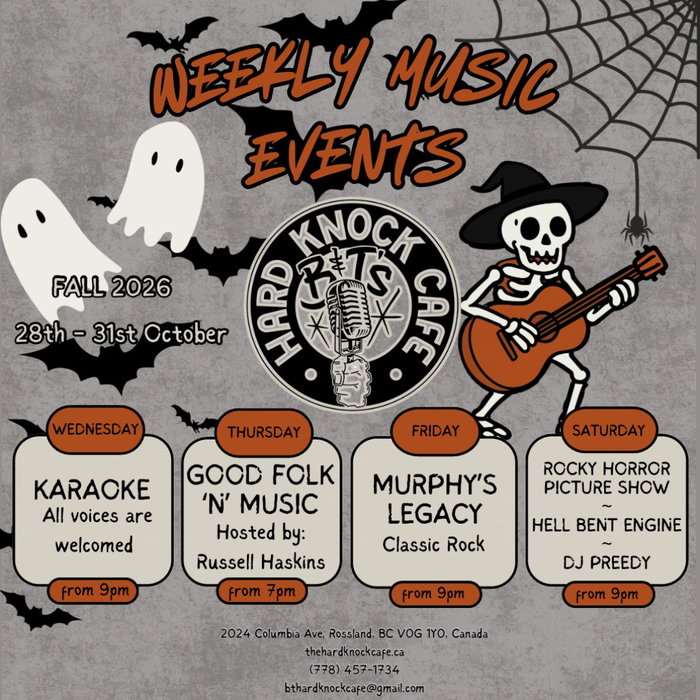 Spooky tune specials are being served up this week… 🎃👻🎸

#livemusic #bntshardknockcafe #rossland #kootenays 

Mon - Closed
Tues - 8 am - Late!
Wed -  8 am - Late!
Thurs - 8 am - Late!
Fri - 8 am - Late!
Sat - 8 am - Late!
Sun - 8 am - 8 pm