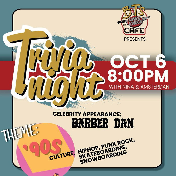 We’re so back… to the 1990s for trivia next week! Limited spots available, get in quick❓🤨❔

Email to register: nwaterdrinker@gmail.com

#trivia #bntshardknockcafe #rossland #kootenays 

Mon - Closed
Tues - 8 am - Late!
Wed -  8 am - Late!
Thurs - 8 am - Late!
Fri - 8 am - Late!
Sat - 8 am - Late!
Sun - 8 am - 8 pm