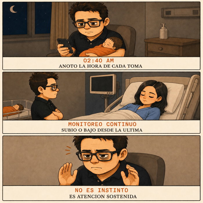 Los primeros tres días no dormí, y no fue por ella.

Mi esposa estaba en observación y yo tenía dos sistemas que vigilar al tiempo.

¿Cuándo comió la niña por última vez? ¿Cuántas horas lleva mi esposa sin dormir? ¿Ese llanto es hambre o gases? ¿La tensión subió o bajó respecto a la medición anterior?

Nadie te dice que ser papá presente es básicamente ser un dashboard humano.

Y que eso no se siente heroico. Se siente como estar despierto.

Papás: ¿qué fue lo primero que empezaron a anotar?