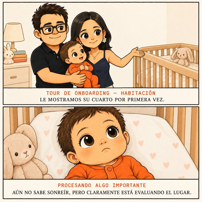Le mostramos su habitación como si fuera a entender algo. No entendía nada, claro. Con cinco días de vida el mundo todavía es una mezcla de luz, sombra y sonido.

Y sin embargo se quedó mirando el techo con una seriedad que no le había visto antes. Esa cara de estar procesando algo importante, aunque todavía no sepa sonreír. Mi esposa y yo nos miramos como diciendo: ya está, este es su cuarto, aquí va a crecer.

¿Cómo reaccionó tu bebé la primera vez que le mostraste su habitación?