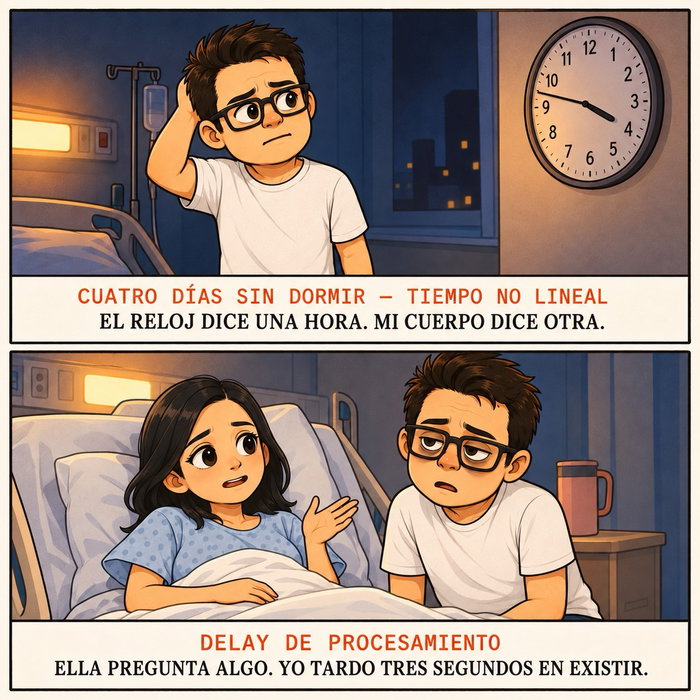 Miré el reloj y no logré leerlo. No porque estuviera dañado, sino porque yo estaba en otra velocidad.

Tres días sin dormir hacen cosas raras: los colores cambian, el tiempo se estira y se encoge, y las conversaciones te llegan con un pequeño delay. Mi esposa me hablaba y yo tardaba unos segundos en aparecer del otro lado. No era que no estuviera ahí. Era que mi sistema estaba procesando a la velocidad que podía, no a la que quería.

¿Cuántos días duraste tú sin dormir de corrido, y en qué momento notaste el delay?