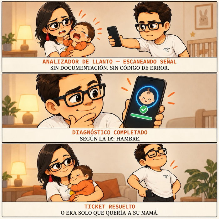 La niña llorando a las 11PM. Yo con el teléfono estirado como si fuera un detector de metales, esperando que una app de inteligencia artificial me dijera qué le pasaba.

El diagnóstico llegó rápido: “hambre”. Me sentí un genio por medio segundo. Un ingeniero que por fin tenía logs claros de su sistema.

Y entonces mi esposa la cargó, sin consultar ninguna app, y se calmó al instante. Ahí entendí lo que ya había empezado a sospechar con todo el stack de observabilidad que armé estas semanas: los datos informan, pero el juicio — y los brazos correctos — siguen siendo humanos.

¿Alguna vez una app te dio el diagnóstico “correcto” y aun así la solución real fue otra cosa?