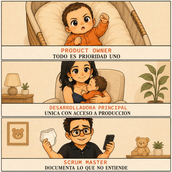 Somos dos personas aprendiendo el mismo trabajo al tiempo, y lo estamos haciendo mal de formas distintas.

Ella sabe lo que hace, a veces. Yo tomo notas.

Nuestra bebé tiene dos meses y ya definió las prioridades: todas.

Abrimos dos cuentas porque esto se vive distinto desde cada lado. Acá van a encontrar las dos versiones, y casi nunca coinciden.

Bienvenidos al proyecto.