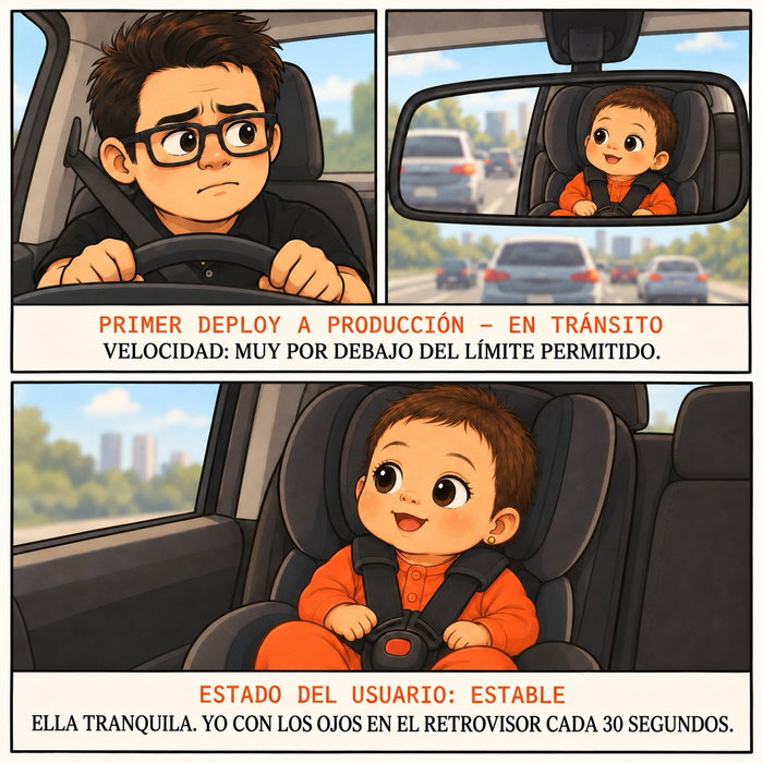 Manejé de la clínica a la casa considerablemente por debajo del límite de velocidad. Cada curva, cada frenada, tenía un peso distinto.

Era el primer viaje de nuestra bebé fuera de un edificio controlado, y de repente cada decisión mía en el volante importaba de una forma que nunca había sentido manejando. Ella, mientras tanto, iba tranquila mirando por la ventana, ajena por completo al drama del conductor. Yo con los ojos en el retrovisor cada 30 segundos, ella calibrando sus sensores con el mundo nuevo pasando afuera.

¿Cómo manejaste tú ese primer trayecto con tu bebé recién nacido?