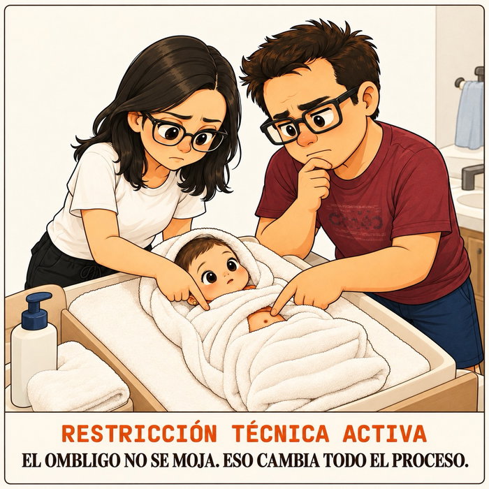 Antes del primer baño nos sentamos a revisar el ombligo de nuestra bebé como si fuera un plano de ingeniería. En serio: los dos ahí, inclinados, señalándolo, repitiéndonos la misma regla — eso no se moja.

El muñón umbilical todavía no había caído, y mientras siga ahí no hay baño convencional posible. Nada de sumergirla. Solo agua tibia, las manos como única herramienta, y cero margen de error en una zona muy específica del sistema.

Así que ejecuté con la precisión de quien sabe que un solo descuido complica la cicatrización. Nada de improvisar — cuando hay una restricción técnica real, el proceso se diseña alrededor de ella, no se rodea.

¿Qué restricción “técnica” tuviste que respetar al pie de la letra en los primeros días con tu bebé?