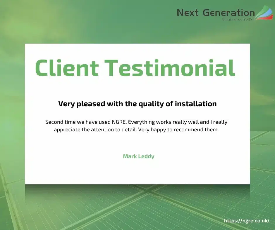 At Next Generation Renewable Energy, nothing brings us more joy than hearing about our customers' positive experiences. Your trust and satisfaction are what drive us to deliver the best in renewable energy solutions every day.
Thank you for choosing us to be part of your journey toward a greener, more sustainable future. Together, we're making a difference! 💚☀️
 #RenewableEnergy #northamptonshire #wiltshire #buckinghamshire #berkshire #solarenergy #carbonfootprint #greenfuture #solarpanels #installation #greenenergy #sustainablehome