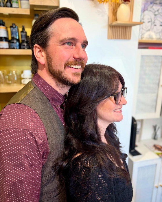 Cheesy prom photo to show off their fresh haircuts 🧀 Extra shine on Shannon’s hair all thanks to @davinescolor Cuts and color by @erinnmichael