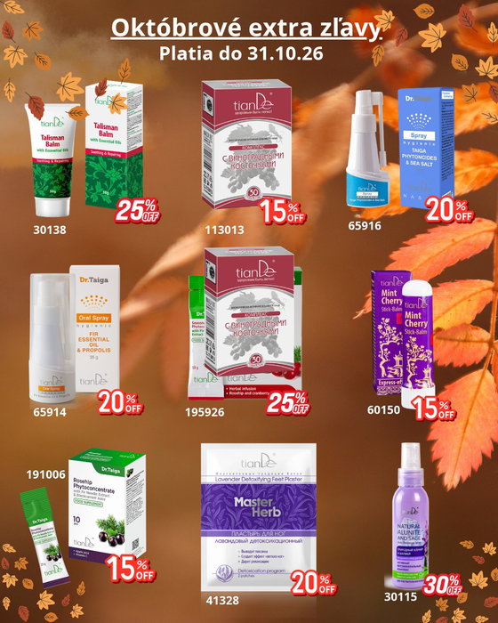 🍂 OKTÓBROVÉ EXTRA ZĽAVY až do 30 %! 🍂 Jeseň volá po poriadnej dávke starostlivosti – a TianDe ju má pripravenú: ✨ Tali